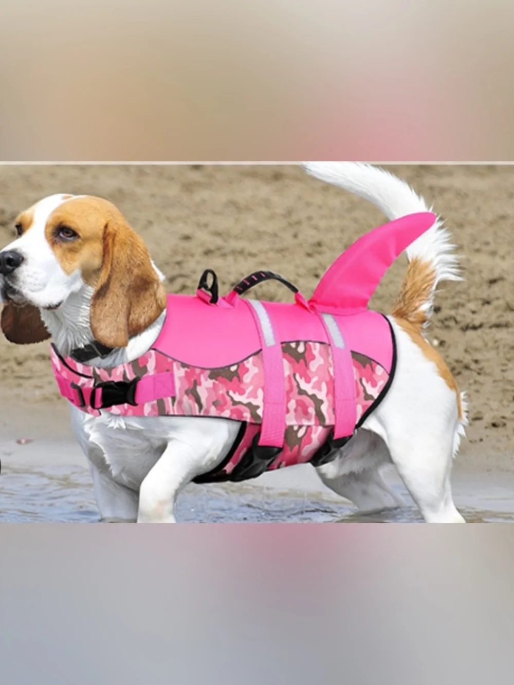 Pink Camo Dog Life Jacket with Handle and shark Fin